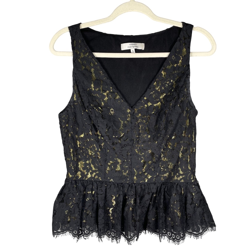 Robert Rodriguez Top Womens 8 Black Gold Lace V-Neck Sleeveless Peplum Hem EUC